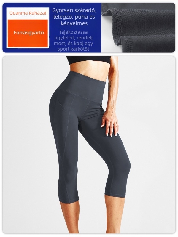 Női jóga nadrág magas derékkal a csípő emeléséért, cropped hossz, 85% poliészter keverék, nedvszívó