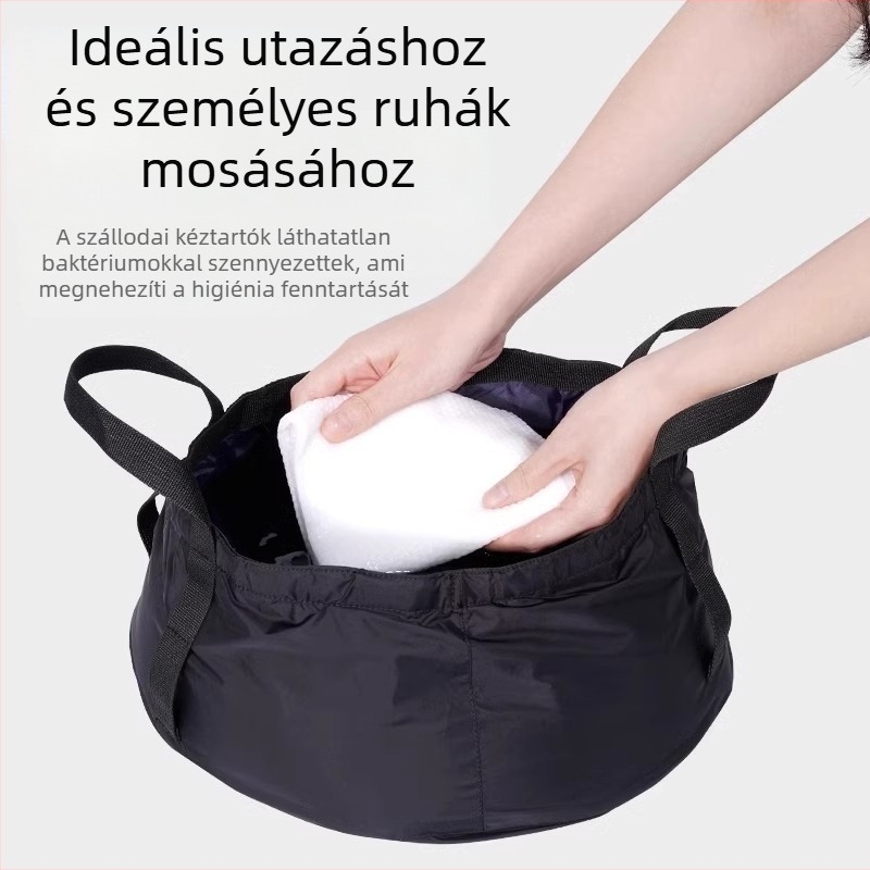 Hordozható összecsukható vízmedence utazásokhoz és kültéri használatra; anyag: marhaín rostból készült szövet; vízálló anyag; kapacitás 8,5 L; logó nyomtatás