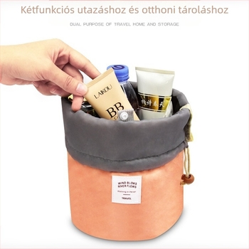 Sminkes táska hengeres dizájnú, nylon háló anyagú, kör modell, többfunkciós, zárható húzózáras tároló kozmetikai tárolására