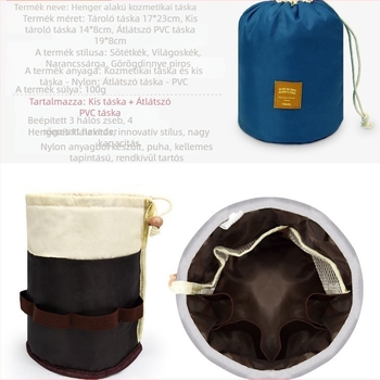 Sminkes táska hengeres dizájnú, nylon háló anyagú, kör modell, többfunkciós, zárható húzózáras tároló kozmetikai tárolására