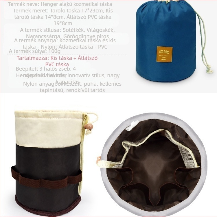 Sminkes táska hengeres dizájnú, nylon háló anyagú, kör modell, többfunkciós, zárható húzózáras tároló kozmetikai tárolására