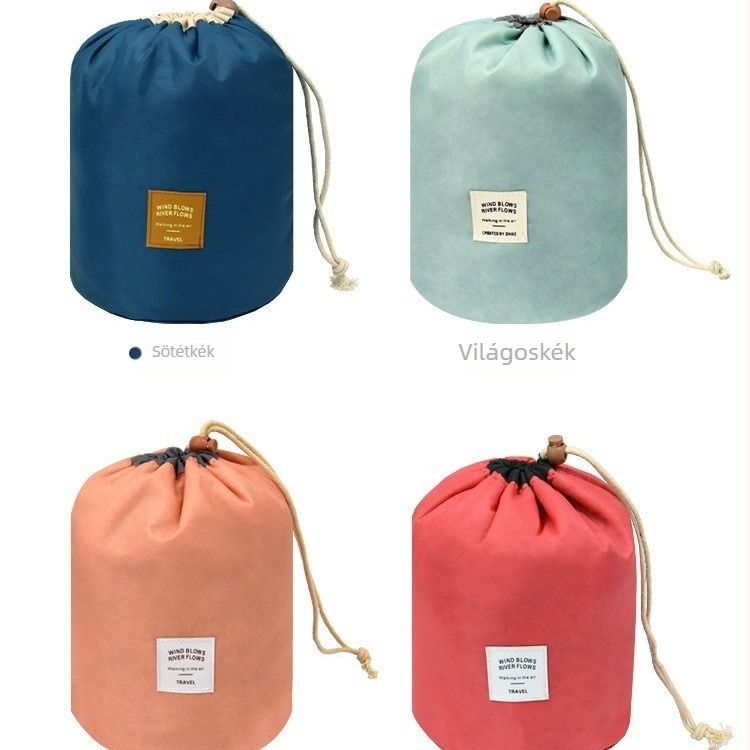 Sminkes táska hengeres dizájnú, nylon háló anyagú, kör modell, többfunkciós, zárható húzózáras tároló kozmetikai tárolására