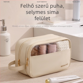 Nedves–száraz kozmetikai neszesszer bőrérzetű filmmel, poliészter bélésű, vízálló, uniszex, nagy kapacitású utazási táska
