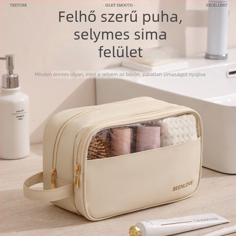 Nedves–száraz kozmetikai neszesszer bőrérzetű filmmel, poliészter bélésű, vízálló, uniszex, nagy kapacitású utazási táska
