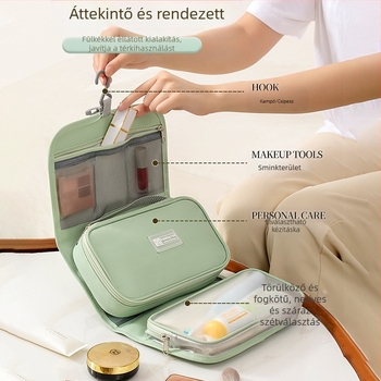 Utazó kozmetikai táska leválasztható akasztóval, nagy kapacitású, száraz–nedves elválasztás, vízálló, összehajtható, hordozható, 600D Oxford anyagból