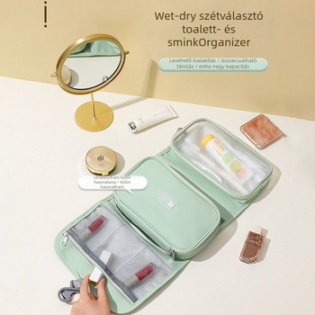 Utazó kozmetikai táska leválasztható akasztóval, nagy kapacitású, száraz–nedves elválasztás, vízálló, összehajtható, hordozható, 600D Oxford anyagból