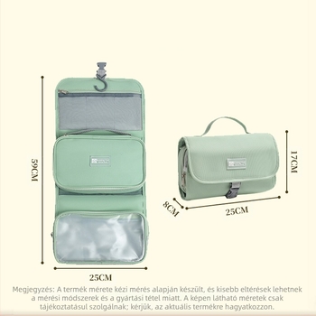 Utazó kozmetikai táska leválasztható akasztóval, nagy kapacitású, száraz–nedves elválasztás, vízálló, összehajtható, hordozható, 600D Oxford anyagból