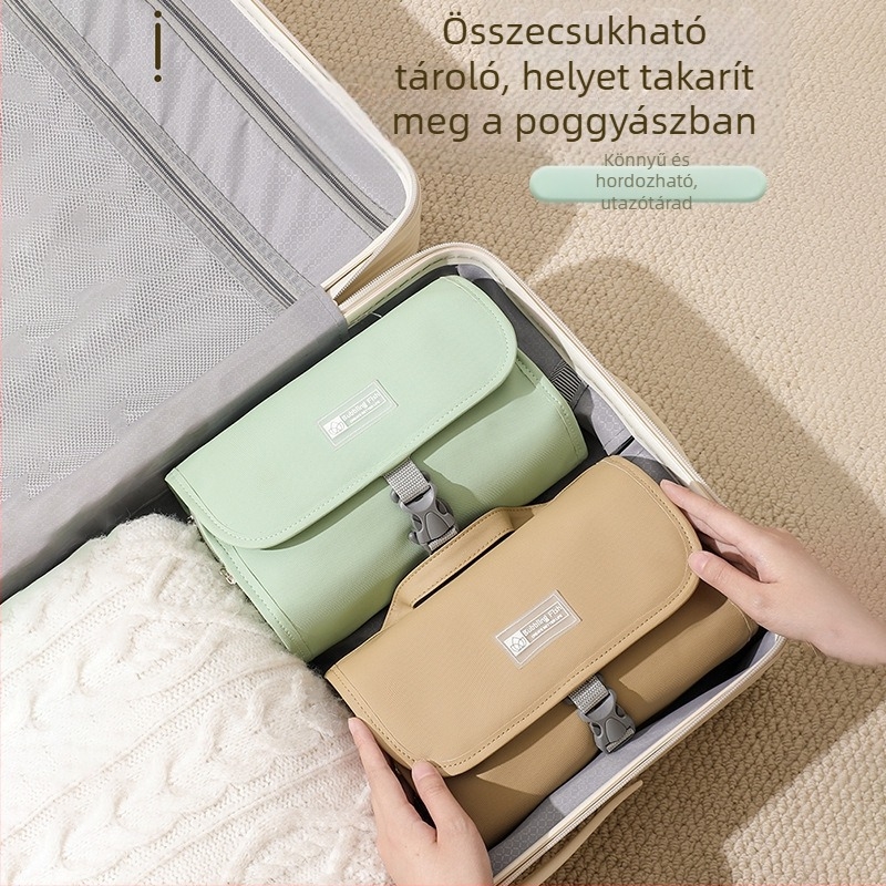 Utazó kozmetikai táska leválasztható akasztóval, nagy kapacitású, száraz–nedves elválasztás, vízálló, összehajtható, hordozható, 600D Oxford anyagból