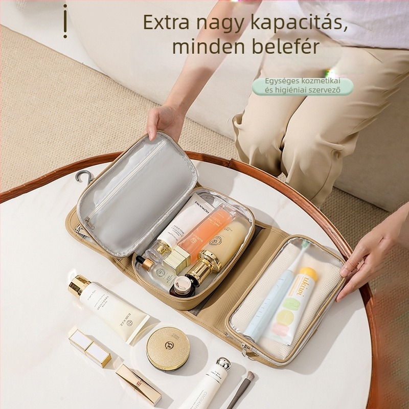 Utazó kozmetikai táska leválasztható akasztóval, nagy kapacitású, száraz–nedves elválasztás, vízálló, összehajtható, hordozható, 600D Oxford anyagból