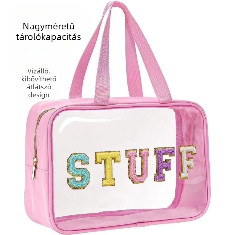 Átlátszó PVC kozmetikai táska, nagy kapacitású, hímzett betűkkel, vízálló, többfunkciós utazási szervező