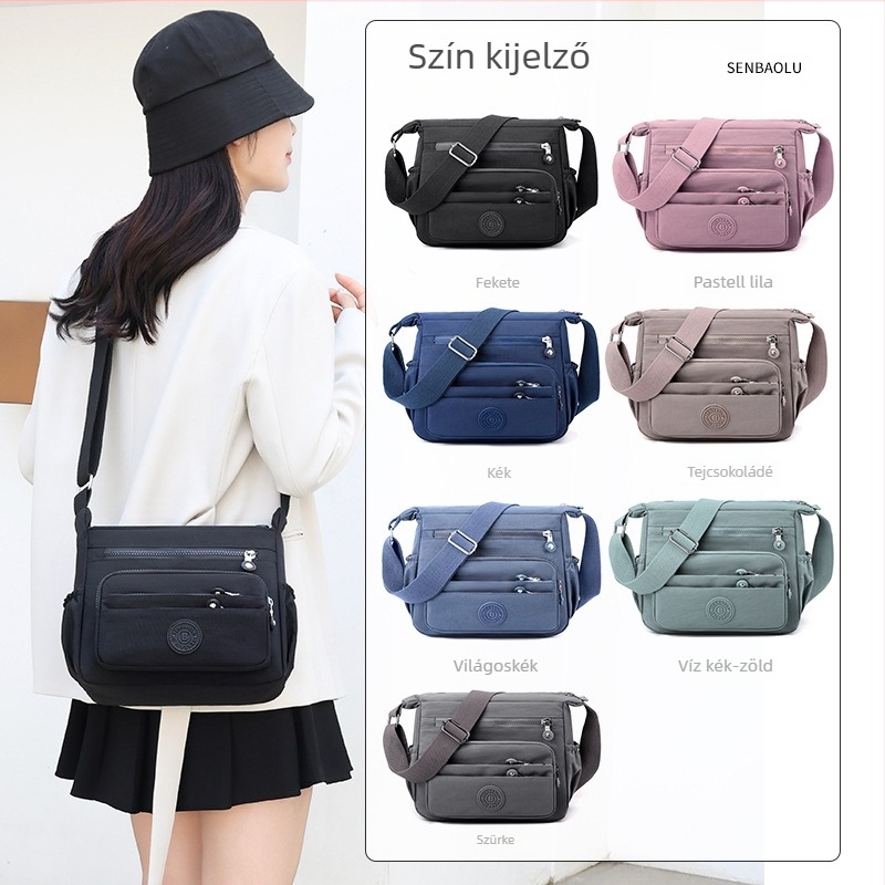 Női keresztbody táska - könnyű, nagy kapacitású nylonból, cipzáras záródás, belső poliészter bélés, több rekesz