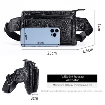 Férfi derék táska valódi bőrből, első réteg marhabőrből, légáteresztő kialakítás, poliészter bélés, keresztpántos változat