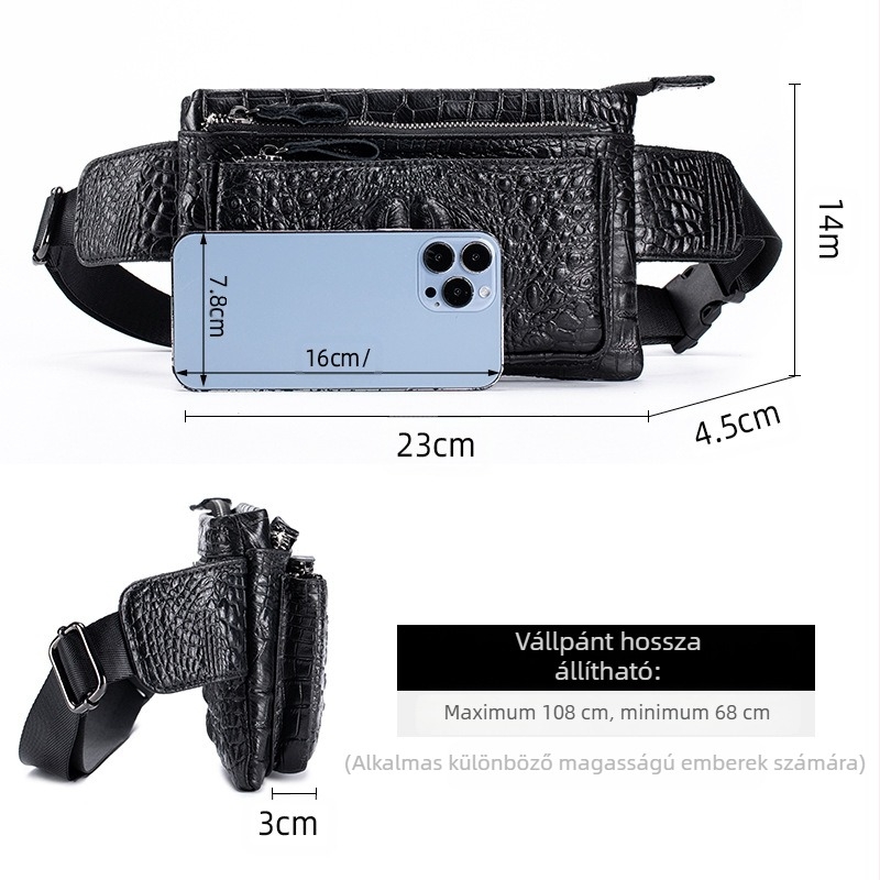 Férfi derék táska valódi bőrből, első réteg marhabőrből, légáteresztő kialakítás, poliészter bélés, keresztpántos változat