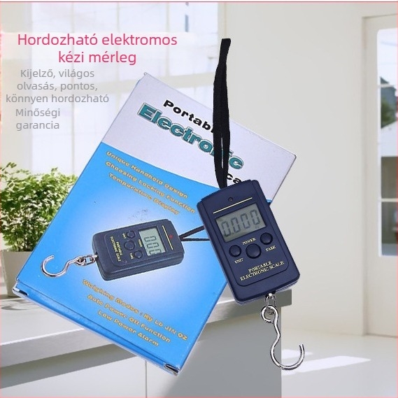 Hordozható elektronikus mérleg poggyászhoz és horgászathoz, Hengte NS-5, 10 g–40 kg, LCD kék háttérvilágítással, 2× AAA elemről működik