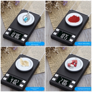 Nagy pontosságú mini elektronikus ékszer mérleg, 0,001 g felbontással; mérési tartományok: 20 g/0,001 g, 50 g/0,001 g, 100 g/0,001 g.