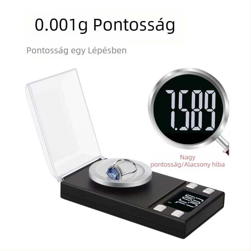 Nagy pontosságú mini elektronikus ékszer mérleg, 0,001 g felbontással; mérési tartományok: 20 g/0,001 g, 50 g/0,001 g, 100 g/0,001 g.