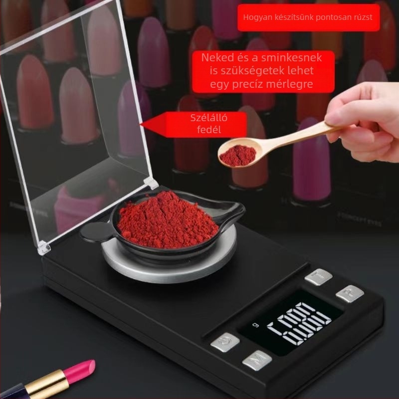 Nagy pontosságú mini elektronikus ékszer mérleg, 0,001 g felbontással; mérési tartományok: 20 g/0,001 g, 50 g/0,001 g, 100 g/0,001 g.