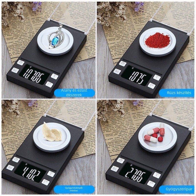 Nagy pontosságú mini elektronikus ékszer mérleg, 0,001 g felbontással; mérési tartományok: 20 g/0,001 g, 50 g/0,001 g, 100 g/0,001 g.