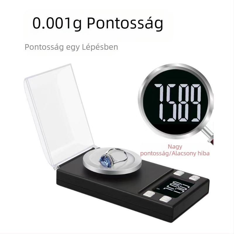 Nagy pontosságú mini elektronikus ékszer mérleg, 0,001 g felbontással; mérési tartományok: 20 g/0,001 g, 50 g/0,001 g, 100 g/0,001 g.