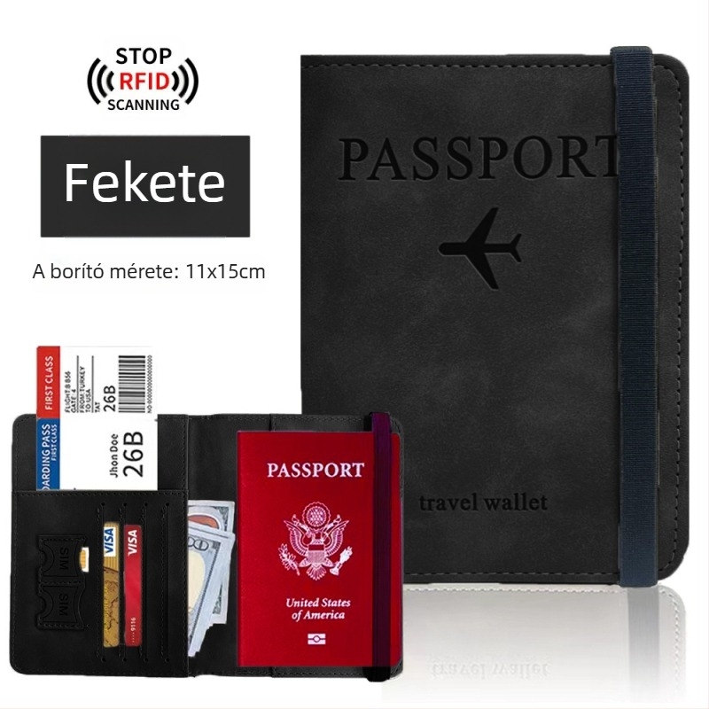 RFID-védelemmel ellátott útlevél-tartó — PU bőr, multifunkcionális útlevél-táska SIM-kártya- és kártyatartóval