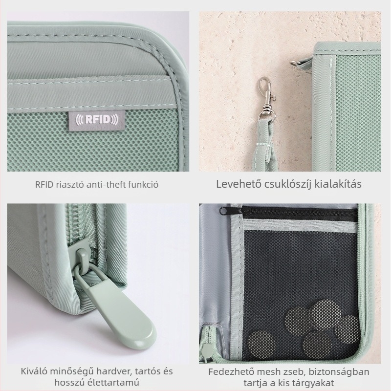 Utazási útlevél tartó kártyatartó rekesszel, lopás elleni védelem, nagy kapacitás, uniszex, poliészter