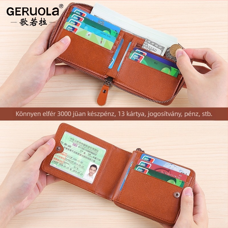 Férfi rövid pénztárca valódi bőrből, 1 hajtás, városi minimalist stílus, egyszínű modell, lopás elleni funkció