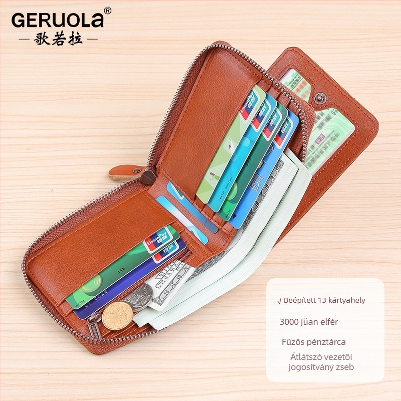 Férfi rövid pénztárca valódi bőrből, 1 hajtás, városi minimalist stílus, egyszínű modell, lopás elleni funkció