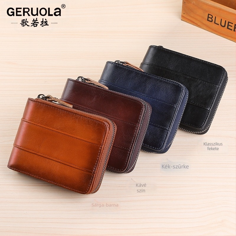 Férfi rövid pénztárca valódi bőrből, 1 hajtás, városi minimalist stílus, egyszínű modell, lopás elleni funkció