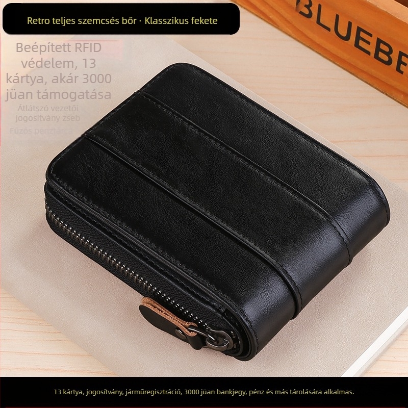 Férfi rövid pénztárca valódi bőrből, 1 hajtás, városi minimalist stílus, egyszínű modell, lopás elleni funkció