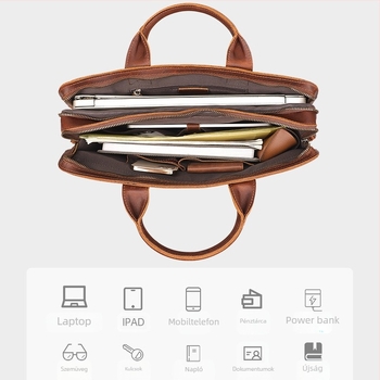 Férfi kézitáska - valódi bőr, vízszintes üzleti táska, 15,6 hüvelykes laptophoz, cipzáras zárás, belső rekeszek laptophoz, telefonhoz és azonosítóhoz