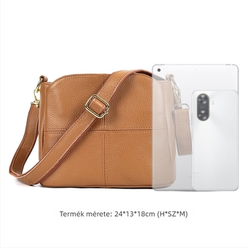 Női oldaltáska valódi bőrből, első réteg marhabőrből, bucket stílus, vízszintes négyzet alak, cipzáras zárás