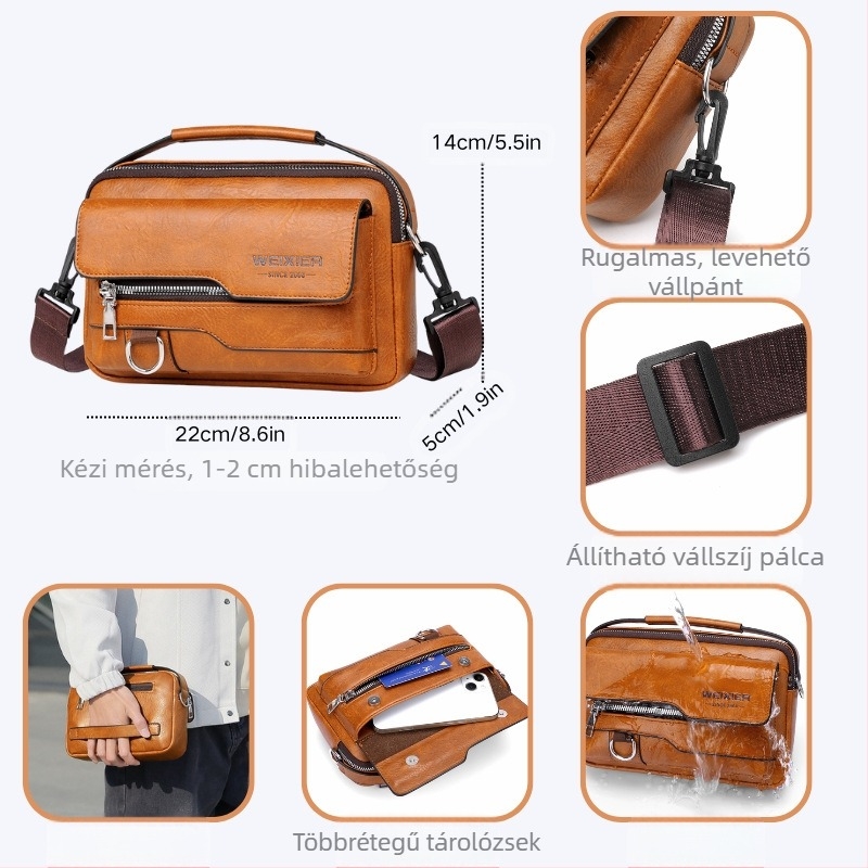 Férfi crossbody táska PU bőrből, vízálló, WEIXIER márka, kompatibilis 8 hüvelykes laptophoz