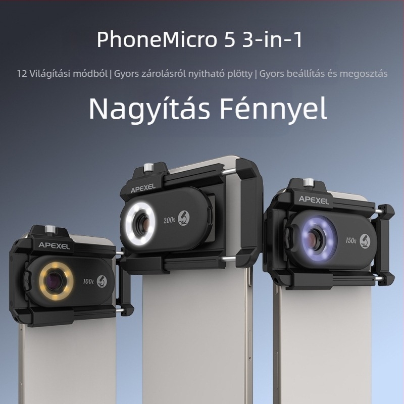 Gépi mikroszkóp 200X, 3 az 1-ben mobiltelefonos nagyító, ékszerek és áramkörök vizsgálatához, ABS ház, 131 g, univerzális modell