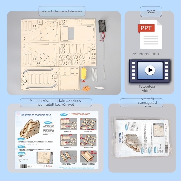 Fából készült elektromos mozgólépcső gyerekeknek — DIY STEM készlet, fizika oktatási játék, 7–14 éveseknek
