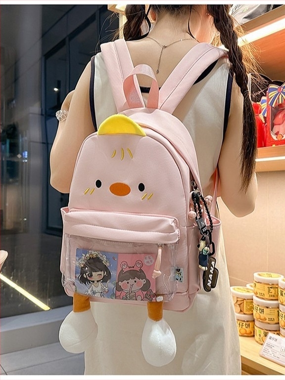 Hátizsák karikatúra kacsa – városi egyszerű stílus, vászon, cipzár, poliészter bélés, belső azonosító zseb