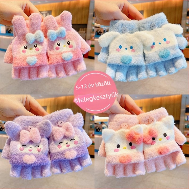 Gyerekeknek szánt téli kesztyűk, jacquard kötés, műkasmír anyag, rajzfilm mintázat, melegek