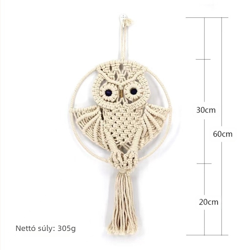 Bagoly goblen, kézzel szőtt pamutból, kerek forma, kör minta, nappali és hálószoba dekoráció.