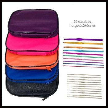 22 darabos horgolótű készlet táskában, alumíniumötvözet és rozsdamentes acél horgokkal, alumínium horgok és eszközök