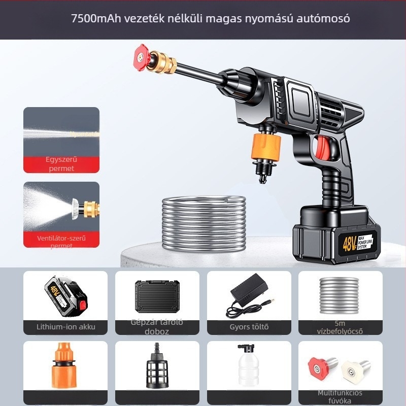 Kézi hordozható vezeték nélküli autómosó készülék lítium akkumulátorral; maximális nyomás 50 bar, teljesítmény 800 W, 10 L tartály, áramlás 2–3 L/perc