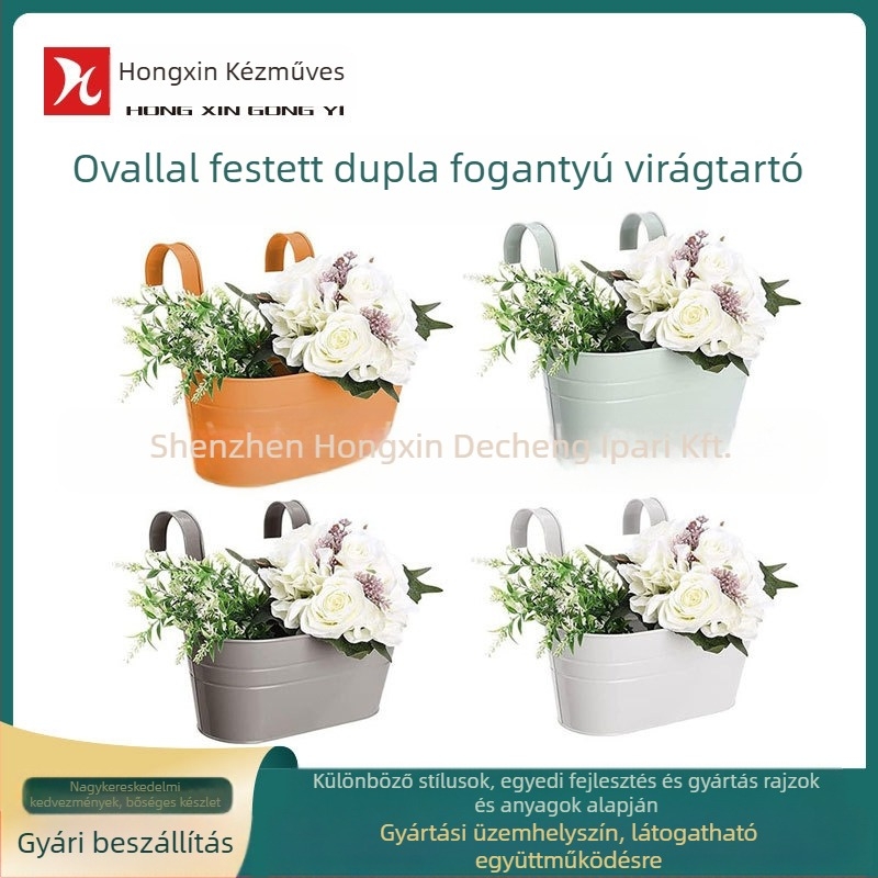 Ovalis vaslemezből készült akasztós virágvödör, festett felülettel, Hongxin márka