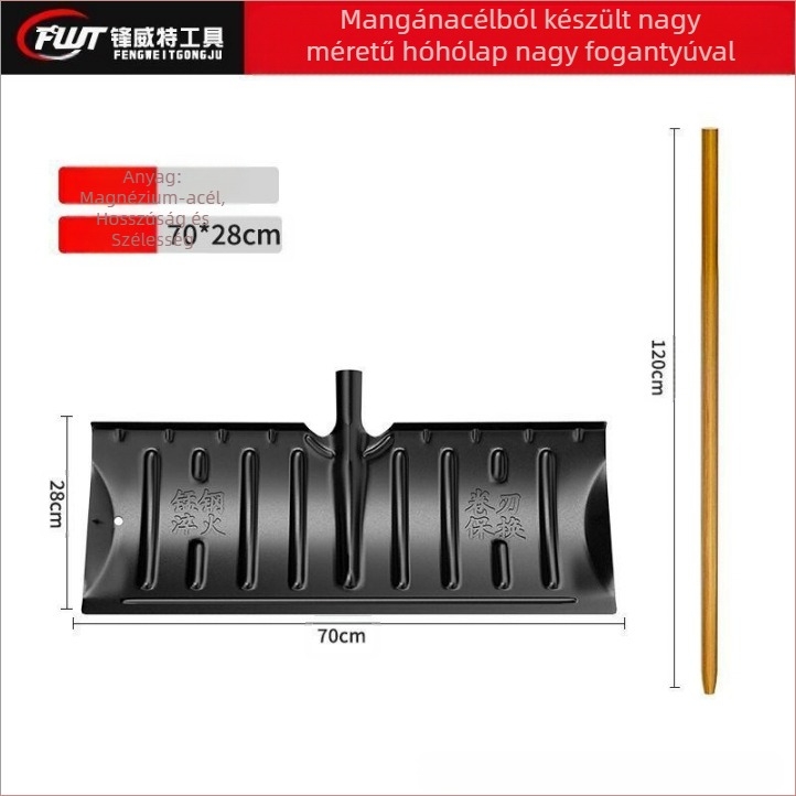 Mangánacélból készült egy darabból álló hó-lapát, hőkezeléssel kikeményített éllel, kerekekkel, kültéri hav eltávolítására