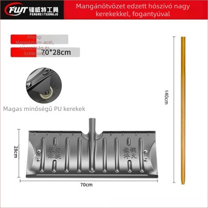 Mangánacélból készült egy darabból álló hó-lapát, hőkezeléssel kikeményített éllel, kerekekkel, kültéri hav eltávolítására