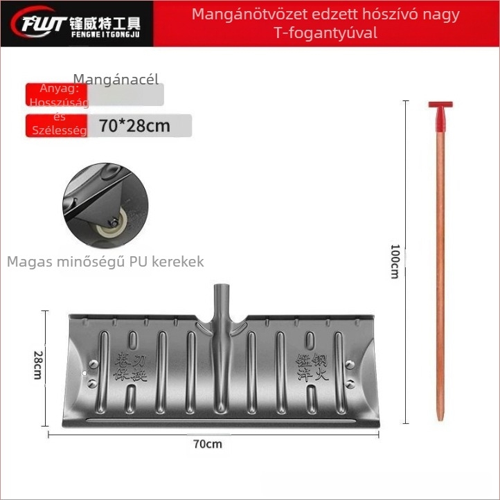 Mangánacélból készült egy darabból álló hó-lapát, hőkezeléssel kikeményített éllel, kerekekkel, kültéri hav eltávolítására
