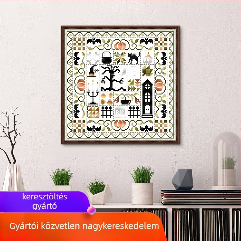 Keresztszemes készlet: Halloween Still Life, DIY varrás 11-ct vásznon, ökológiai pamut, hálószobai dekor