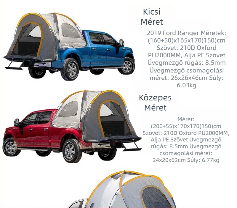 Pickup hátsó sátor kempingezéshez, 4 évszakos, 3-4 fő, üvegszálas rudak, 210D Oxford anyag, vízálló 2000-3000 mm