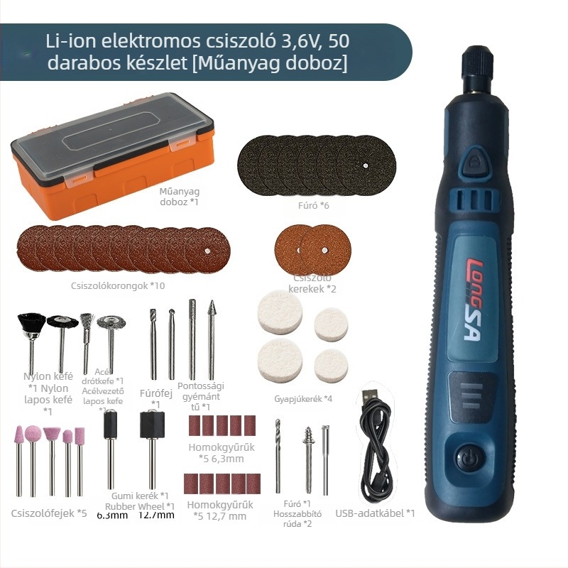 Li-ion akkumulátoros kézi jade polírozó és gravírozó eszköz, 3.7V, csiszolófej, 0.6 m kábel, tömeg 0.5 kg