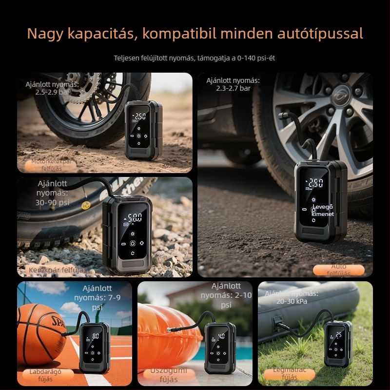 Vezeték nélküli hordozható gumis inflátor autók és kerékpárok számára - 11.1V, 25 L/min, <80W, digitális kijelző, kettős tápegység