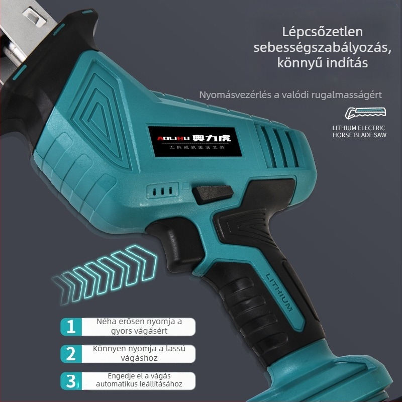 Reciprocating fűrész Li-ion akkumulátorral, 21V; vágás fa, fém és műanyag számára; tartalmazza a töltőt és a fűrészlapot