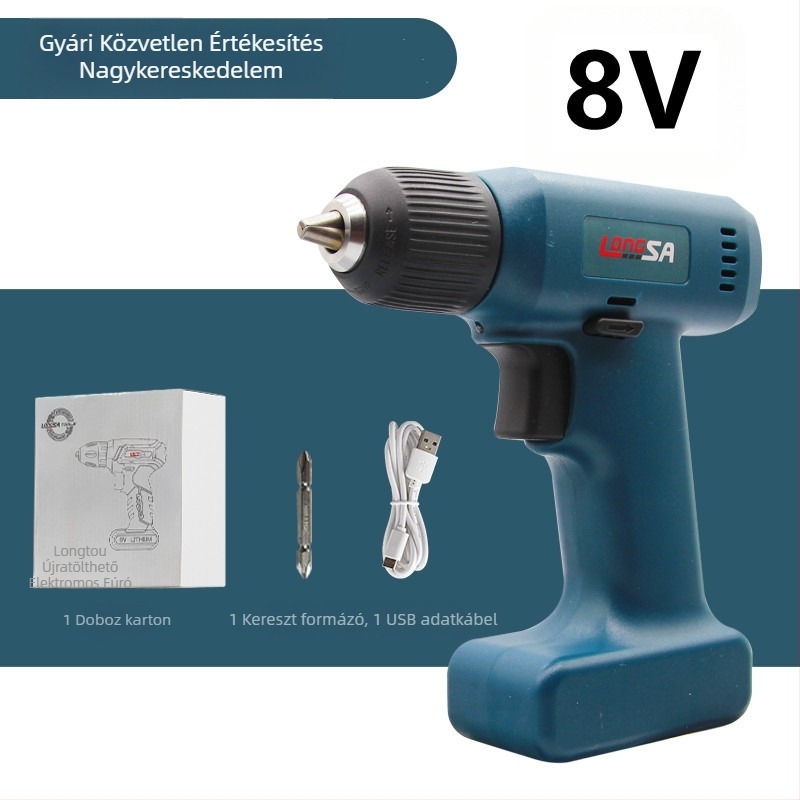 Kézi 8V újratölthető lítium akkumulátoros fúró, előre-hátra forgással
