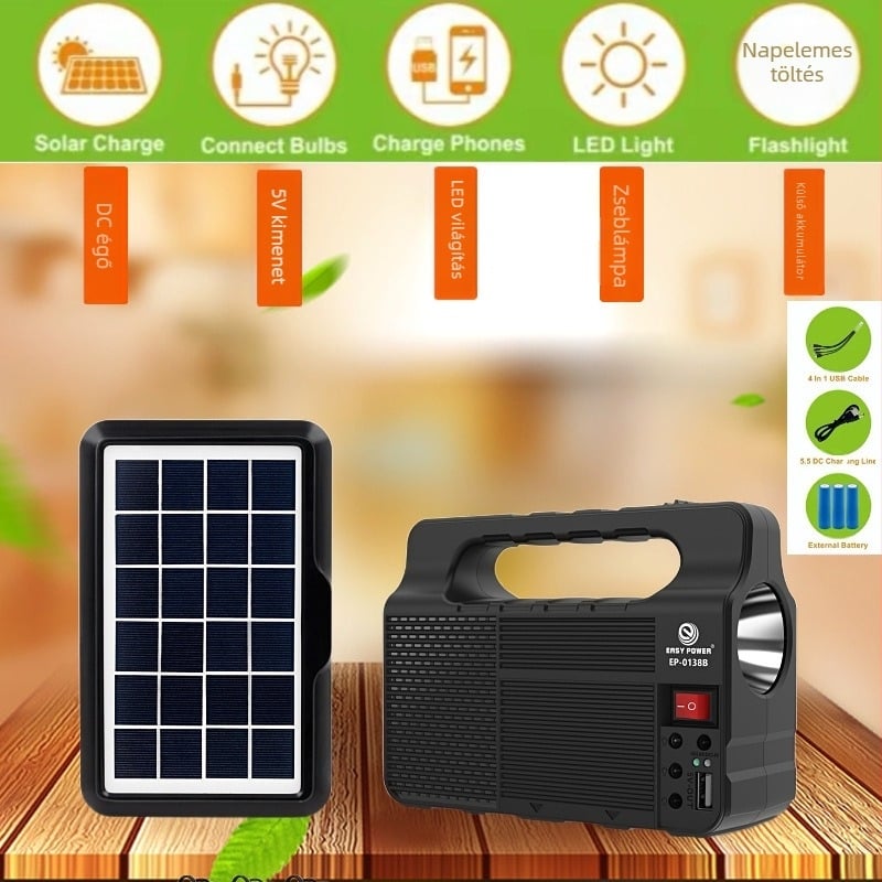 Hordozható napelemes LED reflektor és zseblámpa – akkumulátor 3600, kimenet 5V, PV panel 555, frekvencia 50–60 Hz